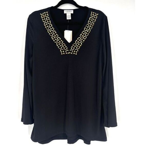 NWT Carmen Marc Valvo Women's V Neck Studded Tunic Blouse Black Gold Size Large - Picture 1 of 8